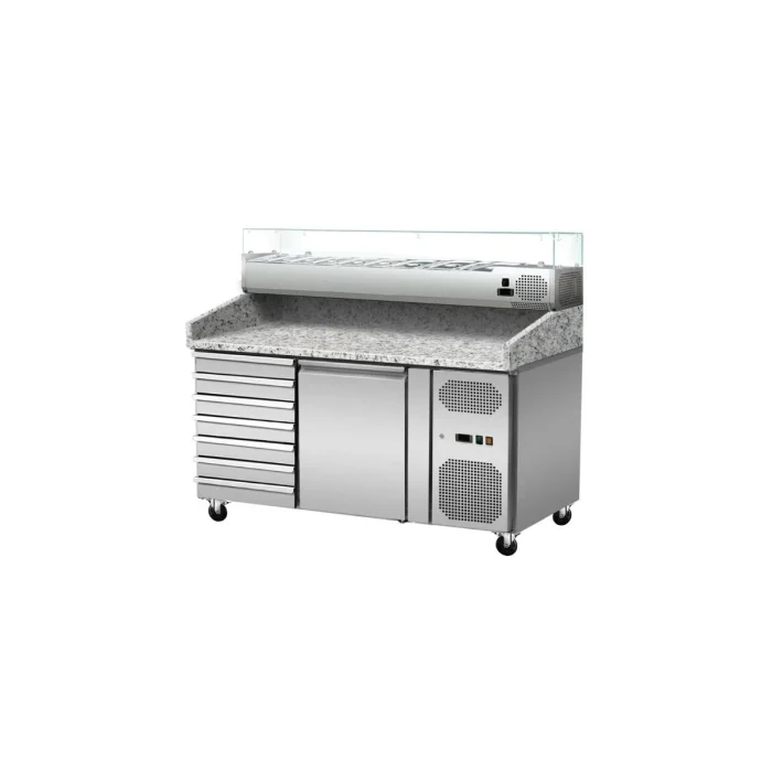 Pizza Kühltisch, Granit rosa-grau, 1 Tür, 7 ungek. Schubladen, 151 x 80 Kühlaufsatz GN1/3 mit Glas – Bild 2