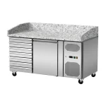 Pizza Kühltisch, Granit rosa-grau, 1 Tür, 7 ungek. Schubladen, 151 x 80 Kühlaufsatz GN1/3 mit Glas – Bild 3