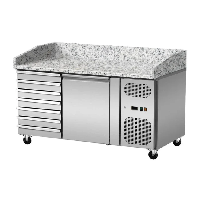 Pizza Kühltisch, Granit rosa-grau, 1 Tür, 7 ungek. Schubladen, 151 x 80 Kühlaufsatz GN1/3 mit Glas – Bild 3