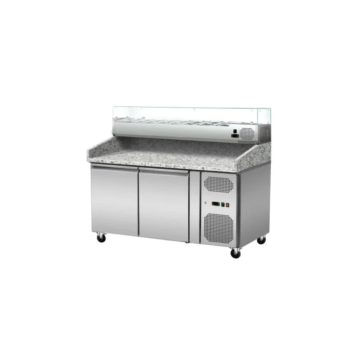 Pizza Kühltisch, Granit rosa-grau, 2 Türen, 151 x 80 Kühlaufsatz GN1/3 mit Glas – Bild 2