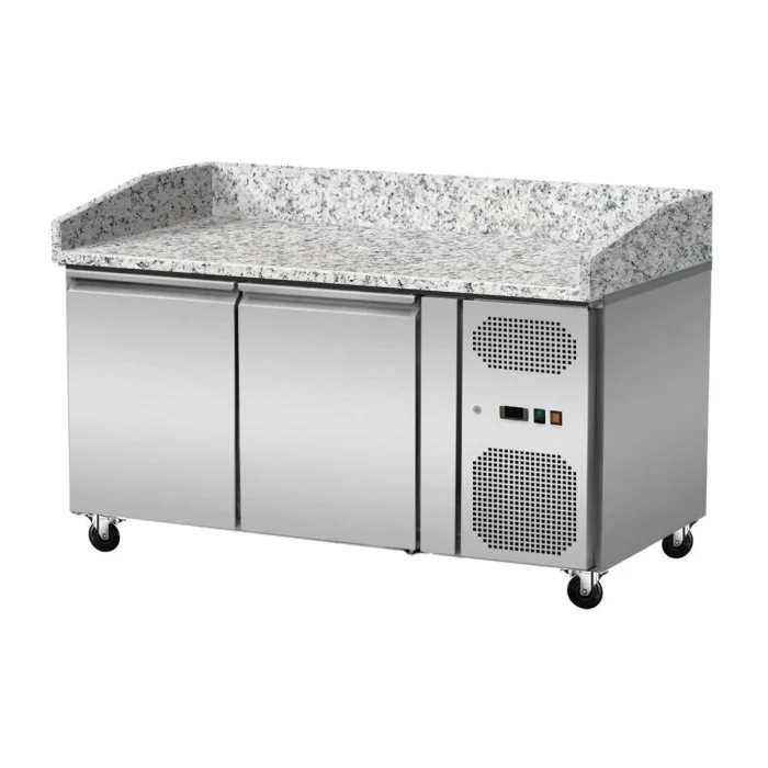 Pizza Kühltisch, Granit rosa-grau, 2 Türen, 151 x 80 Kühlaufsatz GN1/4 mit Glas – Bild 2