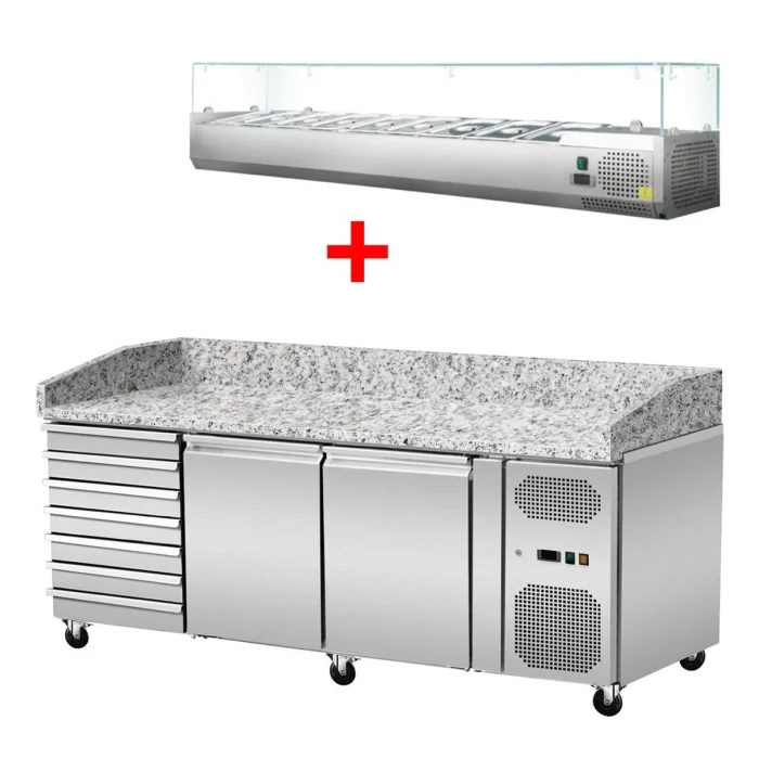 Pizza Kühltisch, Granit rosa-grau, 2 Türen 7 ungek. Schubladen, 203 x 80 Kühlaufsatz GN1/3 mit Glas – Bild 1