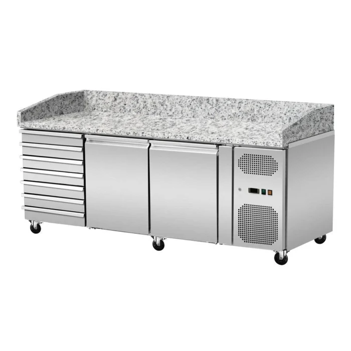 Pizza Kühltisch, Granit rosa-grau, 2 Türen 7 ungek. Schubladen, 203 x 80 Kühlaufsatz GN1/4 mit Glas – Bild 3