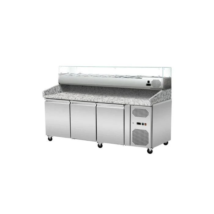 Pizza Kühltisch, Granit rosa-grau, 3 Türen, 203 x 80 Kühlaufsatz GN1/4 mit Glas – Bild 2