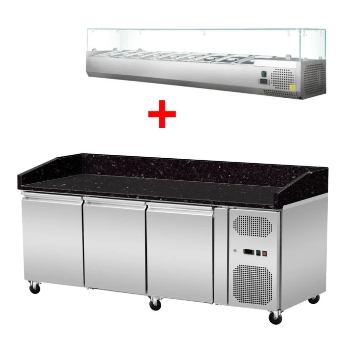 Pizza Kühltisch, Granit Star Galaxy schwarz, 3 Türen, 203 x 80 Kühlaufsatz GN1/4 mit Glas – Bild 1