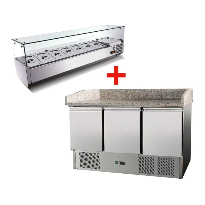 Pizzatisch 3 Türen, mit Unterbaukühlung, 140 x 70 Kühlaufsatz GN1/4 mit Glas – Bild 1