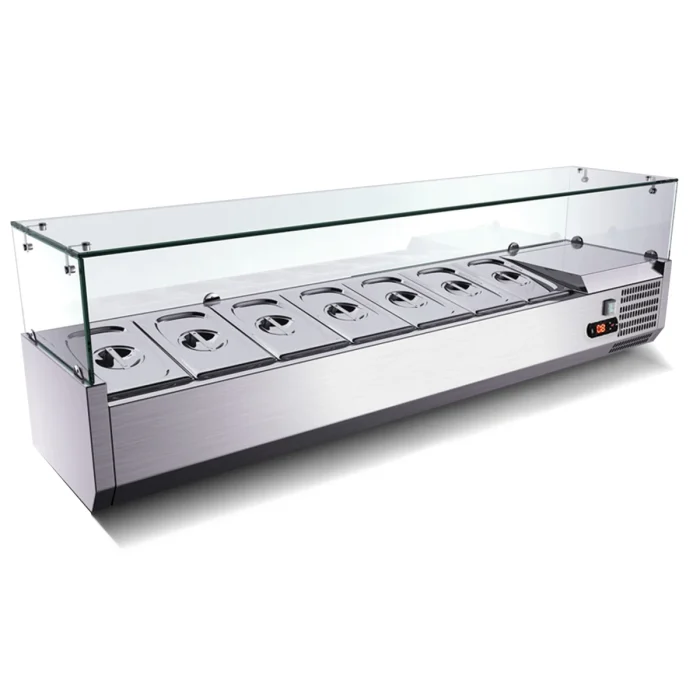 Pizzatisch 3 Türen, mit Unterbaukühlung, 140 x 70 Kühlaufsatz GN1/4 mit Glas – Bild 7
