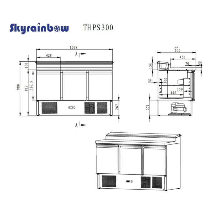 Saladette/Zubereitungstisch 3 Türen, Unterbaukühlung, 137x70 – Bild 5